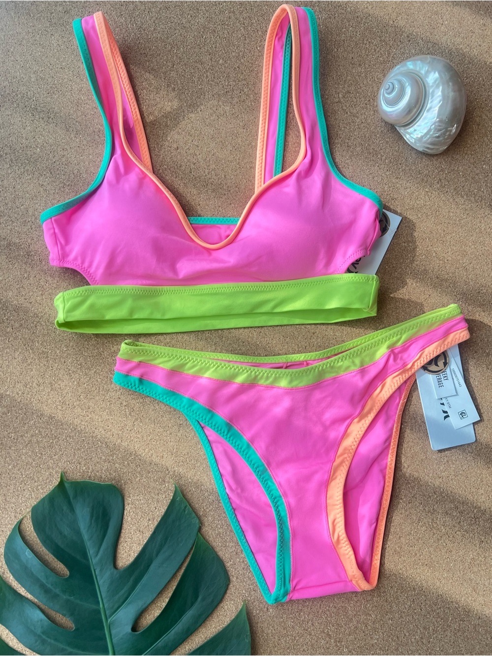 Hurley Around the Block Bikini Set - Hot Pink - Color Contrasting Trim - Small
